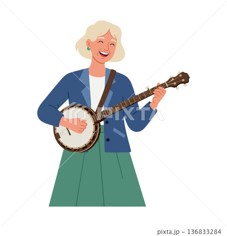 Woman playing banjo in joyful mood with blonde hair wearing blue jacket and green skirt vector illustration 136833284