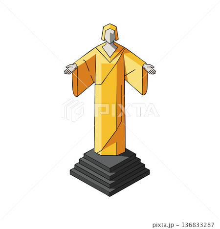 Christ the Redeemer statue vector design with yellow robe and dark pedestal in isometric style 136833287