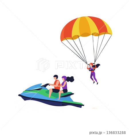 Water sports activity with couple riding jet ski and person parasailing with colorful parachute vector illustration 136833288