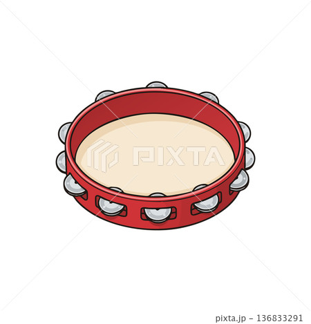Tambourine musical instrument red frame with silver jingles percussion instrument vector illustration 136833291