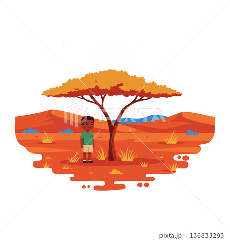 African savannah landscape with acacia tree and child standing in dry orange grass vector illustration 136833293