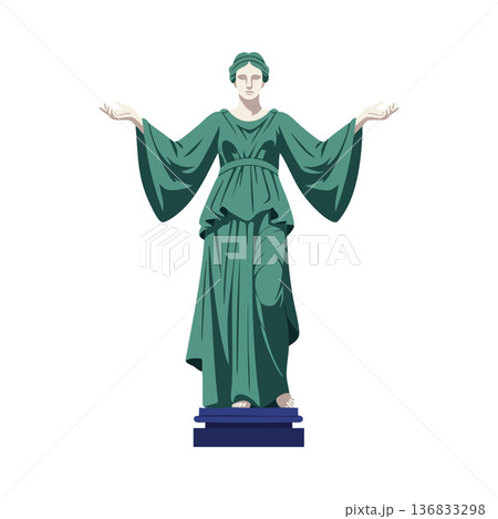 Statue of a woman figure in flowing green dress with outstretched arms on blue pedestal vector illustration 136833298