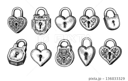 Ink sketches of vintage padlocks. Big collection 136833329