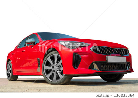 Red car on white background. Stylish, modern, bright image of the car for design solutions. 136833364