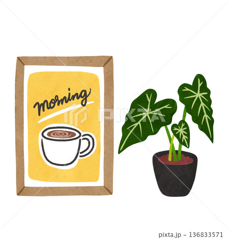 アートポスターとアロカシア・グリーンベルベットの鉢植え　水彩風手描きイラスト 136833571