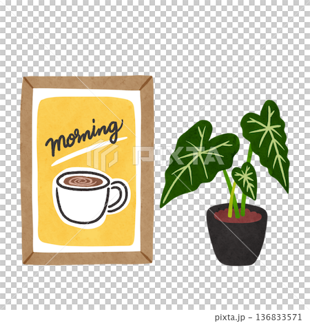 アートポスターとアロカシア・グリーンベルベットの鉢植え　水彩風手描きイラスト 136833571