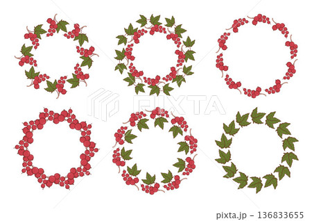 Redcurrant Round Wreaths Set. Botanical Circle Frame with Currant Red Berry Branches and Leaves with Empty Copy Space. Isolated Vector illustration on white background 136833655