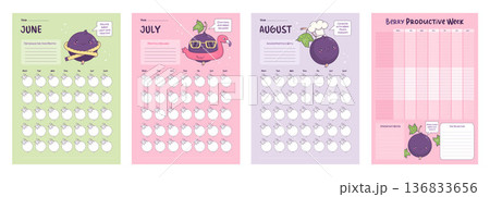 Summer Undated 3-Month Planner Set. Perpetual Monthly Calendar Weekly Page organizer To-Do List. Cute Kawaii Blackcurrant Flamingo, Chef Mascot, Tropical Vacation Bundle. Vertical Vector illustration 136833656