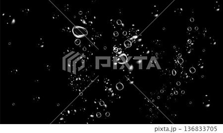 Realistic oxygen bubbles in water on a black background with fizzy sparkles and effervescent style. Transparent drops and soap bubbles create a vector texture for sea, aquarium, or fresh design Realistic oxygen bubbles in water on a black background with fizzy sparkles and effervescent style. Transparent drops and soap bubbles create a vector texture for sea, aquarium, or fresh design 136833705