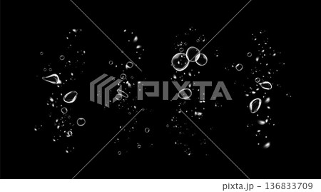 Realistic oxygen bubbles in water on a black background with fizzy sparkles and effervescent style. Transparent drops and soap bubbles create a vector texture for sea, aquarium, or fresh design Realistic oxygen bubbles in water on a black background with fizzy sparkles and effervescent style. Transparent drops and soap bubbles create a vector texture for sea, aquarium, or fresh design 136833709