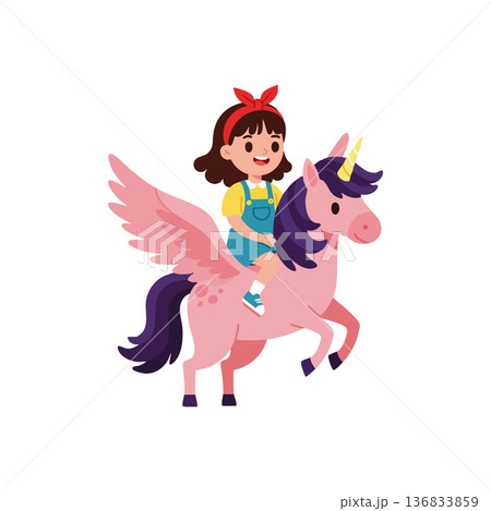 Girl riding pink unicorn with wings fantasy magic mythical creature illustration vector 136833859