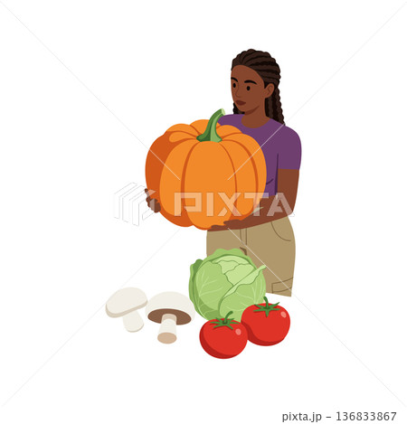 Woman holding large orange pumpkin with fresh vegetables including tomatoes cabbage and mushrooms vector illustration Woman holding large orange pumpkin with fresh vegetables including tomatoes cabbage and mushrooms vector illustration 136833867