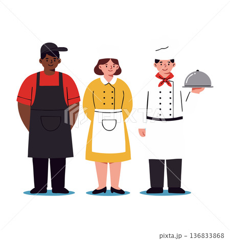 Diverse restaurant staff with chef, waiter, and waitress in uniform presenting food service teamwork concept 136833868