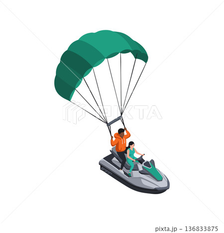 Parachuting couple riding jet ski water sport adventure extreme outdoor activity vector illustration Parachuting couple riding jet ski water sport adventure extreme outdoor activity vector illustration 136833875