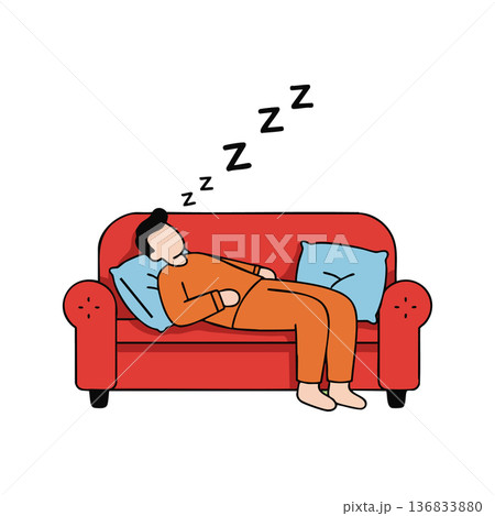 Person sleeping on red sofa with blue pillows and orange outfit relaxing indoors vector illustration 136833880