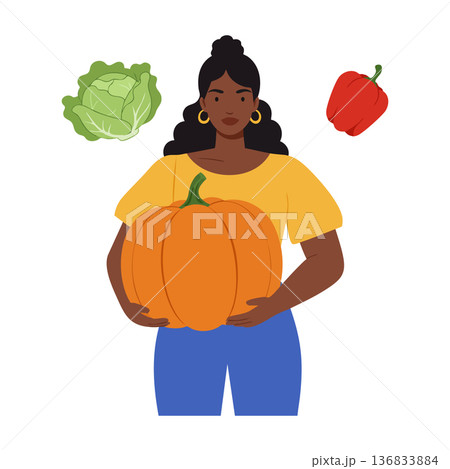 Woman holding large pumpkin with cabbage and red pepper vegetables autumn harvest illustration vector Woman holding large pumpkin with cabbage and red pepper vegetables autumn harvest illustration vector 136833884