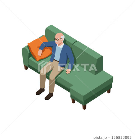 Elderly man sitting on green sofa with orange pillow in isometric home interior vector design illustration 136833893