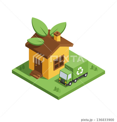 Eco friendly house with recycling truck delivering sustainable waste management vector illustration 136833900