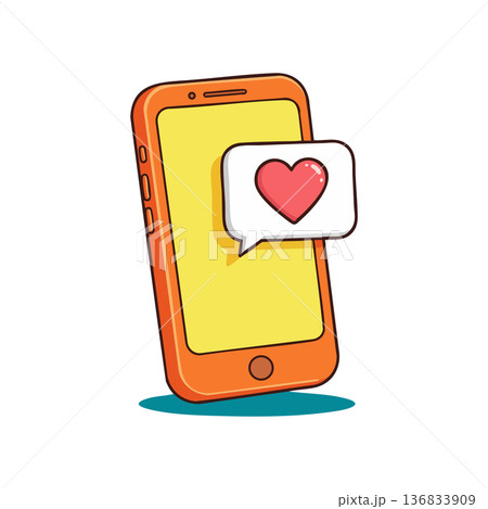 Orange smartphone with yellow screen and red heart love message icon vector illustration in modern flat style Orange smartphone with yellow screen and red heart love message icon vector illustration in modern flat style 136833909