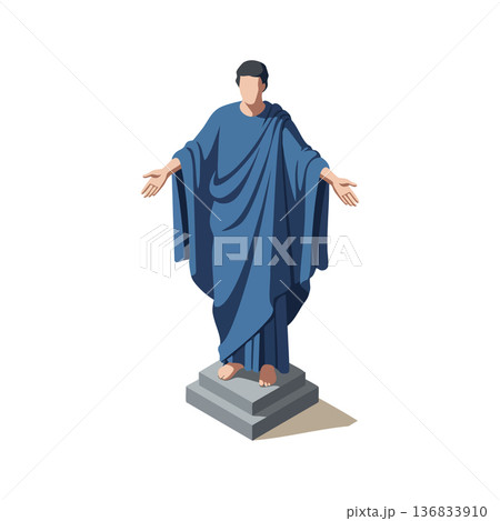 Ancient Roman man statue with blue toga standing on pedestal in welcoming gesture vector illustration 136833910