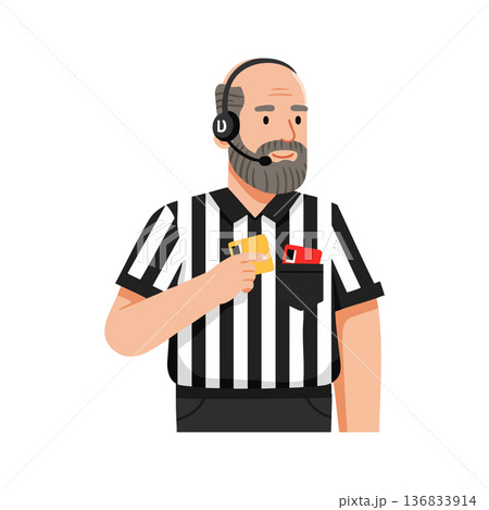 Referee with headset holding yellow and red cards in black and white striped uniform vector illustration Referee with headset holding yellow and red cards in black and white striped uniform vector illustration 136833914