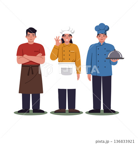 Group of professional chefs and cooks in uniform standing together with confident and friendly poses vector illustration Group of professional chefs and cooks in uniform standing together with confident and friendly poses vector illustration 136833921
