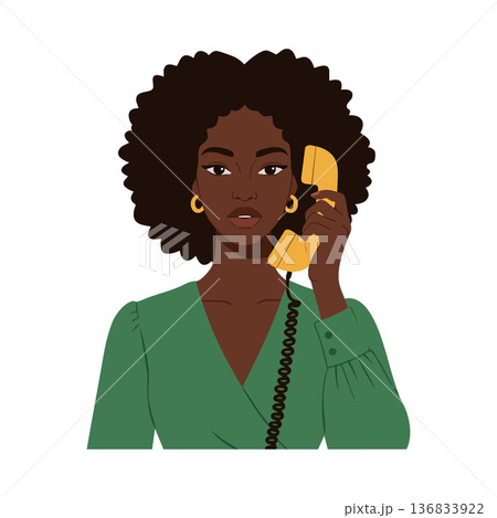 African American woman with afro hairstyle wearing green blouse talking on retro phone vector illustration African American woman with afro hairstyle wearing green blouse talking on retro phone vector illustration 136833922