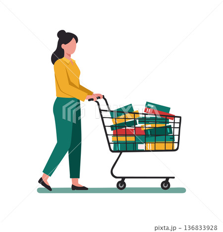 Woman pushing shopping cart full of colorful books in casual clothes walking vector illustration Woman pushing shopping cart full of colorful books in casual clothes walking vector illustration 136833928