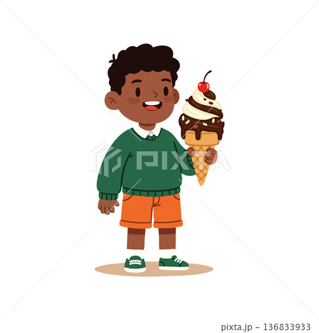 Young boy holding large ice cream cone enjoying sweet summer treat with green sweater and orange shorts cheerful vector illustration 136833933