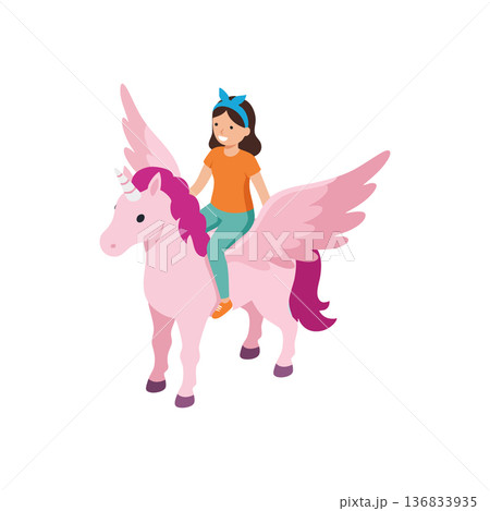 Girl riding pink winged unicorn fantasy magical creature illustration vector 136833935