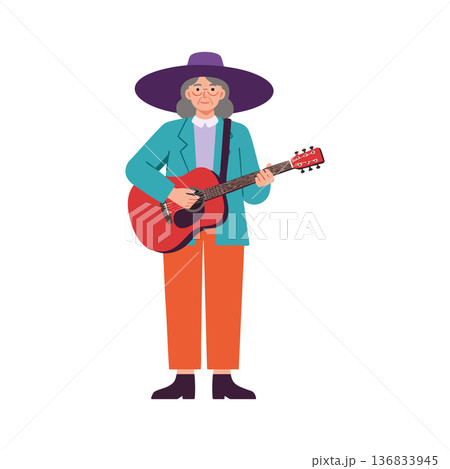 Older woman playing red acoustic guitar wearing purple hat teal jacket and orange pants vector illustration 136833945