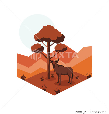 African savanna landscape with brown antelope near tree and orange hills vector illustration 136833946