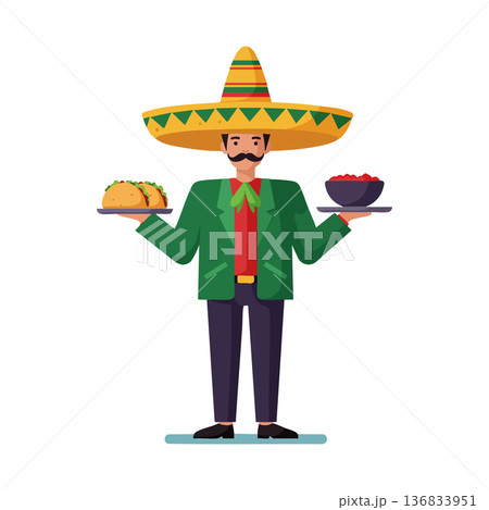 Mexican man in traditional sombrero serving taco and bowl of salsa in festive attire vector illustration Mexican man in traditional sombrero serving taco and bowl of salsa in festive attire vector illustration 136833951