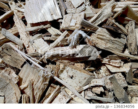 Wood Chip Material Spread on the Ground in a Work Area Showing Different Types of Wood 136834056
