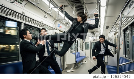 電車の中で悪者たちと戦う女性 136834543