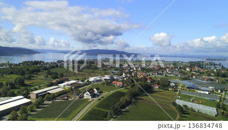 Scenic view of a lakeside village with fields and greenery during a sunny day 136834748