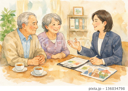 女性スタッフに相談するシニア夫婦 136834798