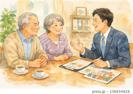 男性スタッフに相談するシニア夫婦 136834828