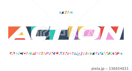 Action Geometric Font Logo Alphabet Colour Shape Letter Set Modern Typography, Creative Typographic Design for Game Title, Race Poster Headline, Kids Symbol Logotype, Cutout Fonts. Vector Typeface Action Geometric Font Logo Alphabet Colour Shape Letter Set Modern Typography, Creative Typographic Design for Game Title, Race Poster Headline, Kids Symbol Logotype, Cutout Fonts. Vector Typeface 136834831