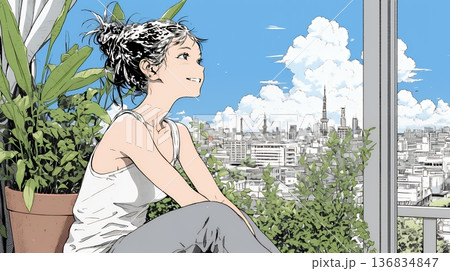 朝、カーテンを開けて天気を確認する若い女性