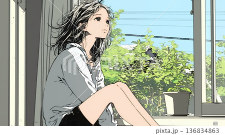 朝、カーテンを開けて天気を確認する若い女性