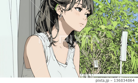 朝、カーテンを開けて天気を確認する若い女性