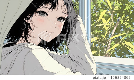 朝、カーテンを開けて天気を確認する若い女性