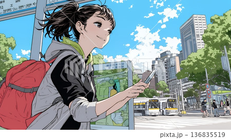 一人旅の旅先、街角で足を止めて道を確かめる若い女性