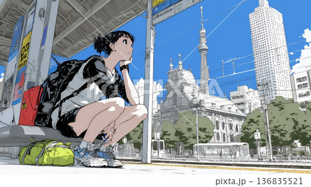 一人旅の旅先、街角で足を止めて道を確かめる若い女性