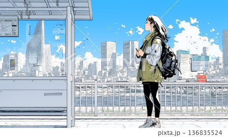 一人旅の旅先、街角で足を止めて道を確かめる若い女性