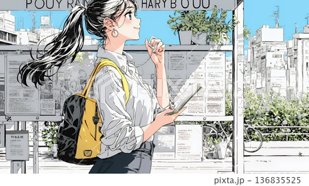 一人旅の旅先、街角で足を止めて道を確かめる若い女性