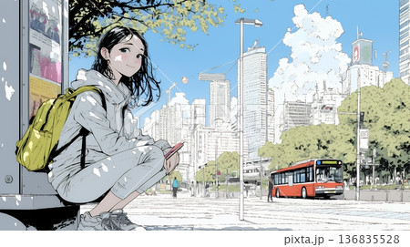 一人旅の旅先、街角で足を止めて道を確かめる若い女性