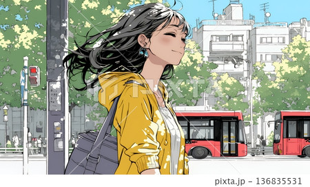 一人旅の旅先、街角で足を止めて道を確かめる若い女性