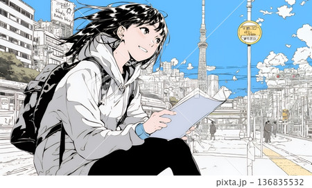 一人旅の旅先、街角で足を止めて道を確かめる若い女性